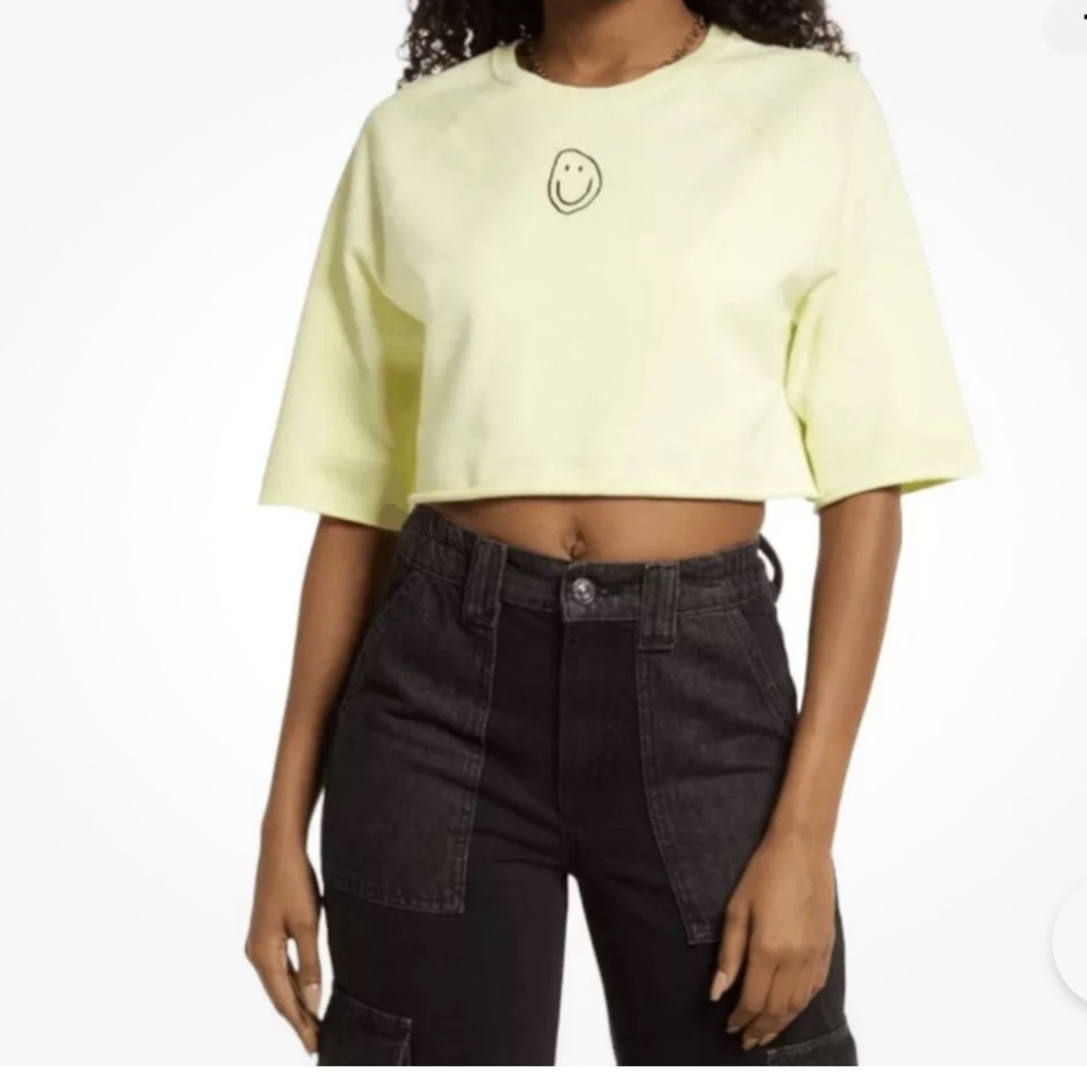 Bp Bright Yellow Embroidered Smiley Face Fleece Crop Top, Size Small